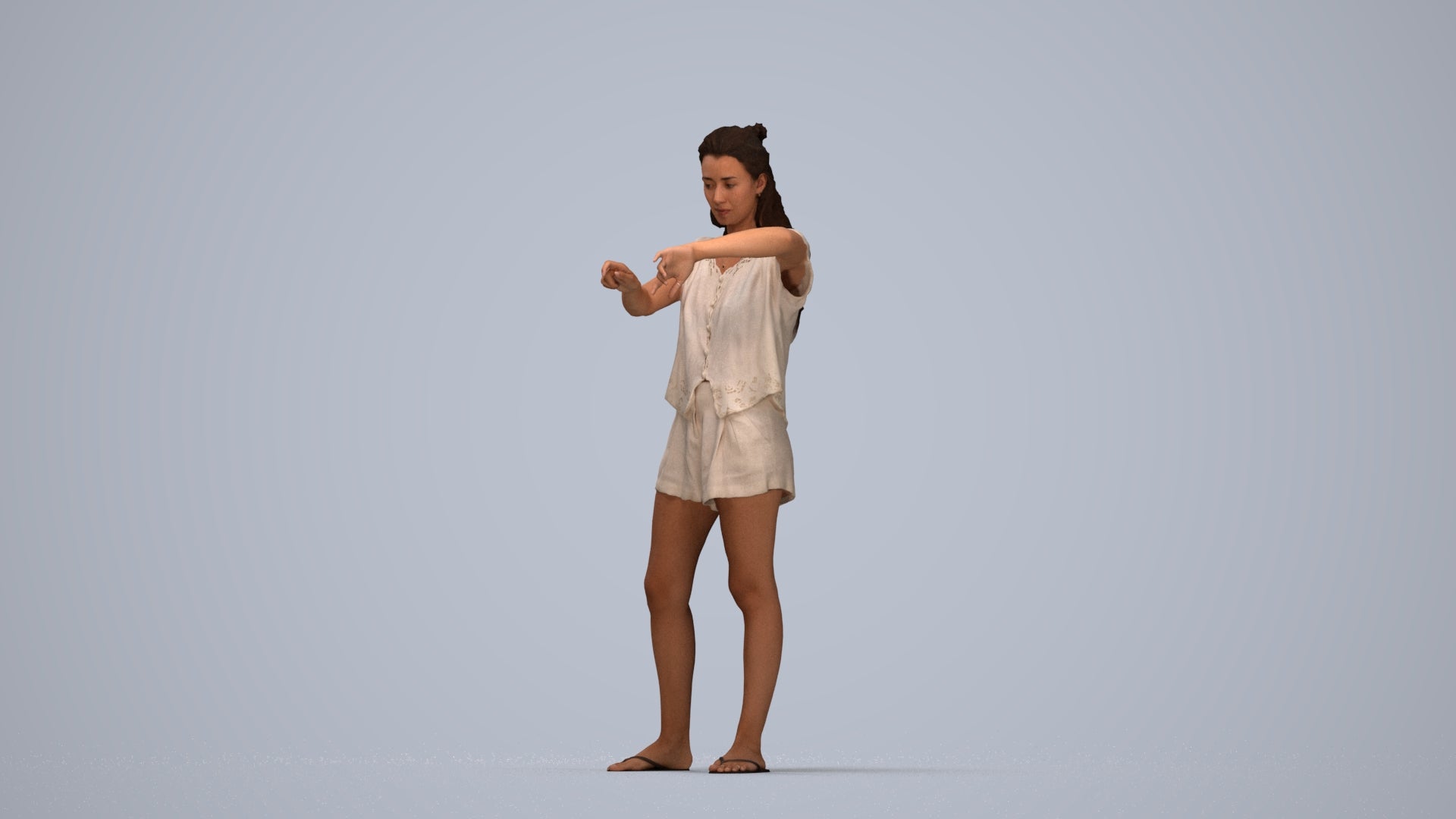realistic 3D people woman casual standing, render-ready for V-Ray and Corona, FBX OBJ, top-down view render