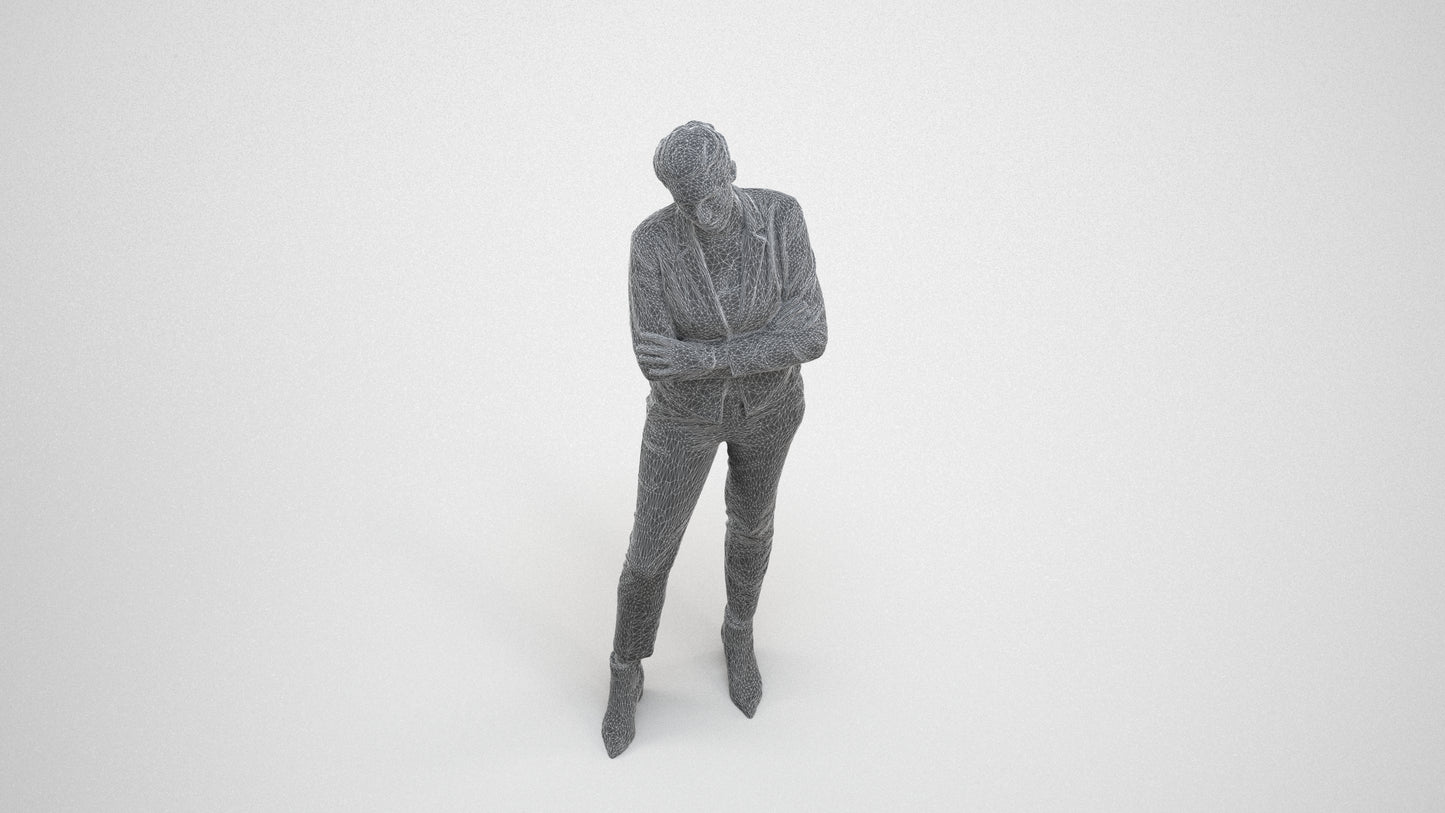 3D human model woman business, photogrammetry scanned person for archviz, wireframe three-quarter view