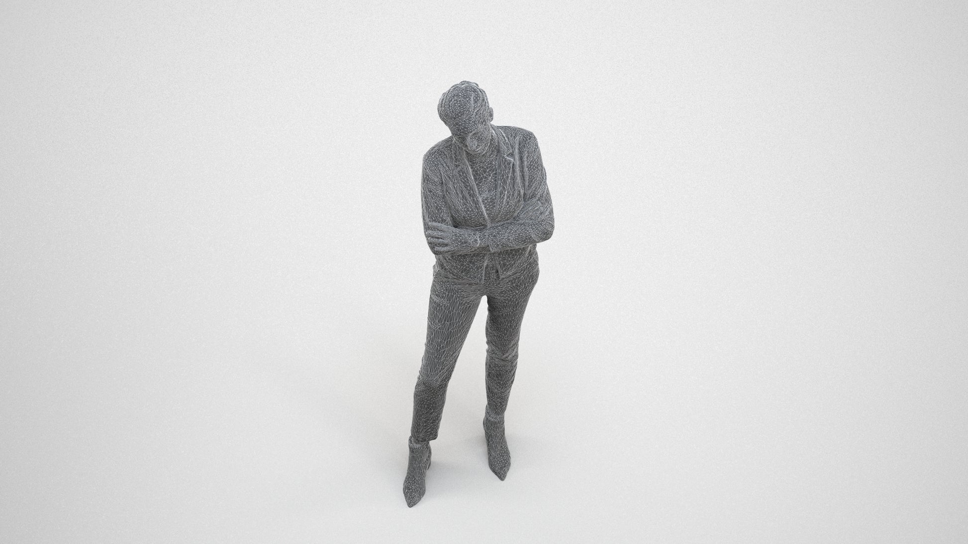 3D human model woman business, photogrammetry scanned person for archviz, wireframe three-quarter view