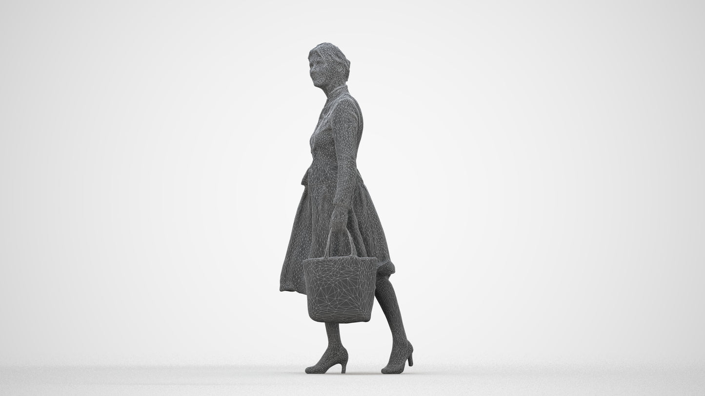 3D scanned senior woman standing business, photorealistic archviz people for Enscape and SketchUp, wireframe back view
