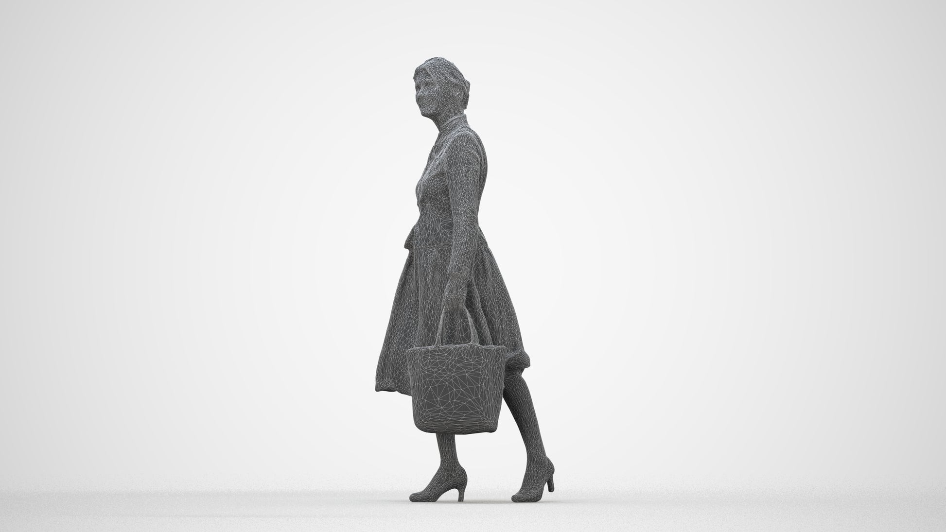 3D scanned senior woman standing business, photorealistic archviz people for Enscape and SketchUp, wireframe back view