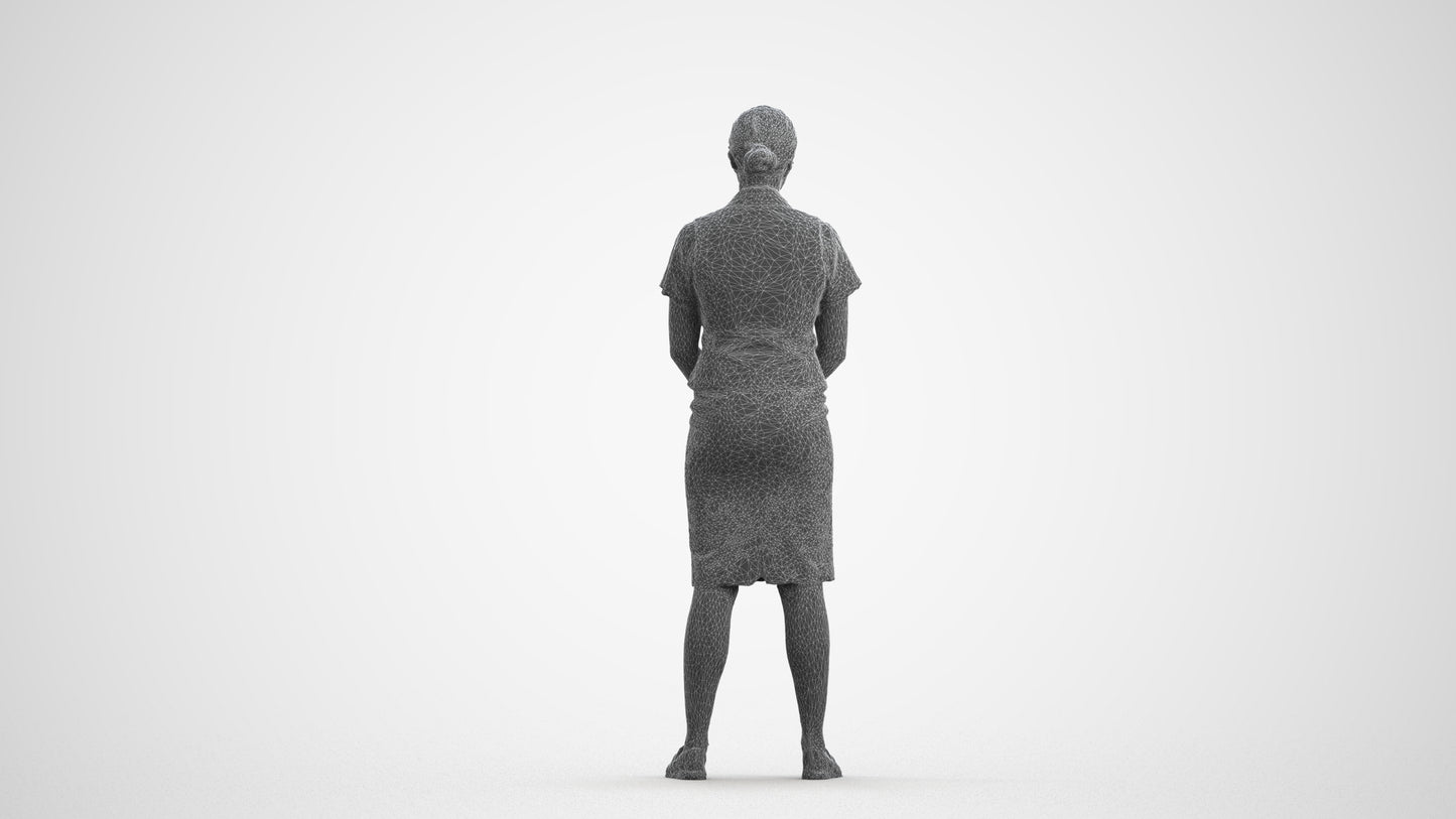 3D scanned woman hospitality, photorealistic archviz people for Enscape and SketchUp, wireframe front view