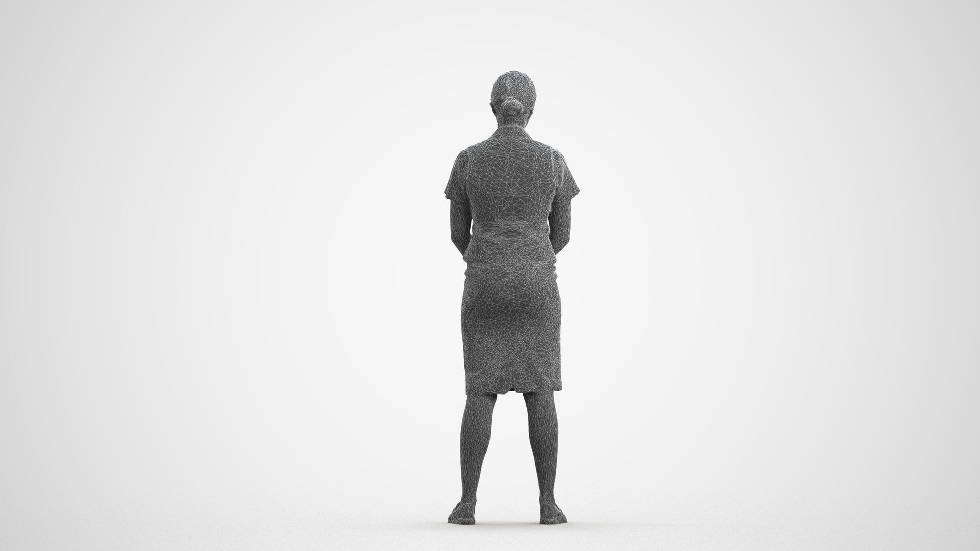 3D scanned woman hospitality, photorealistic archviz people for Enscape and SketchUp, wireframe front view