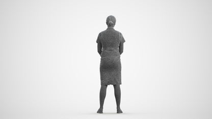 3D scanned woman hospitality, photorealistic archviz people for Enscape and SketchUp, wireframe front view