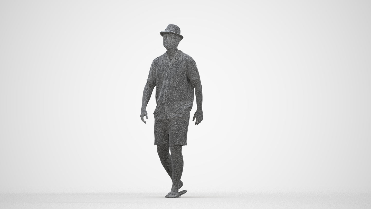 3D human model man walking, photogrammetry scanned person for archviz, wireframe back view