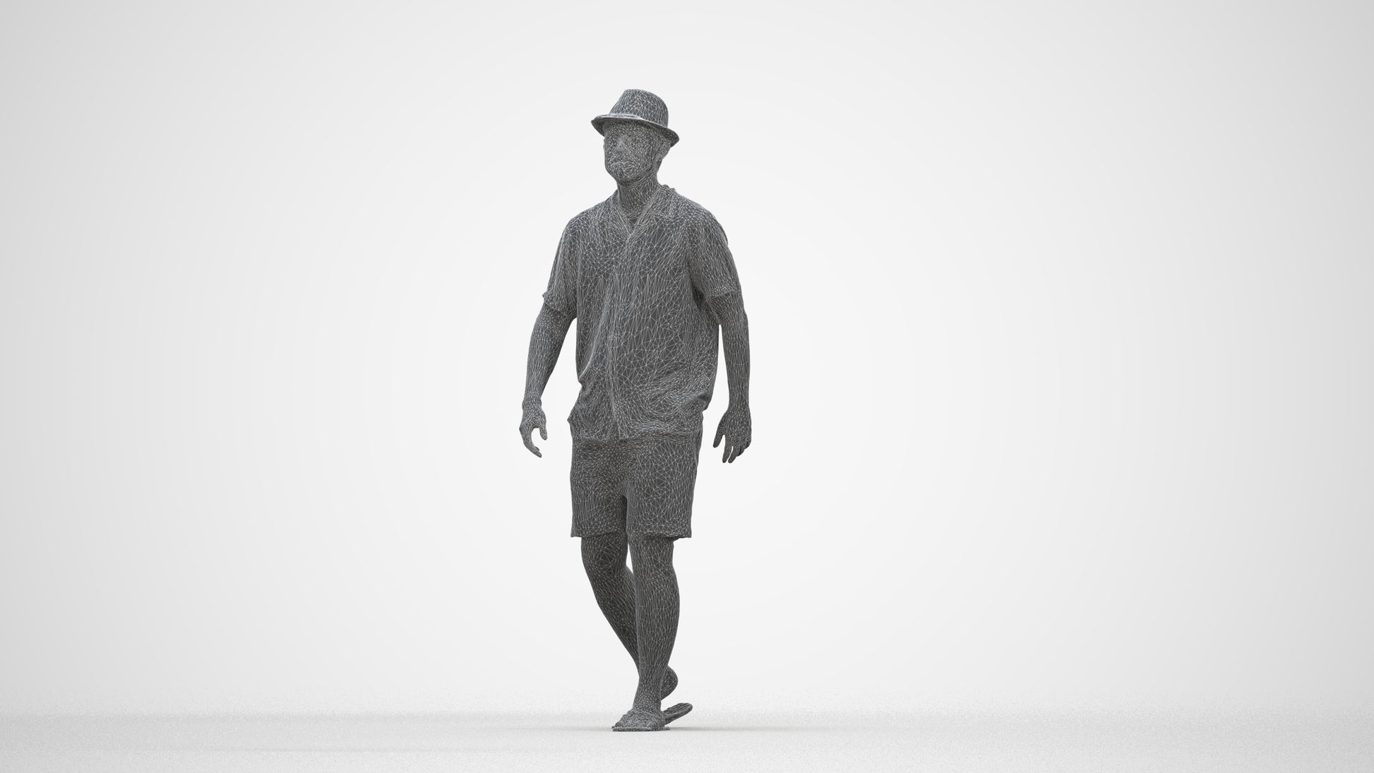 3D human model man walking, photogrammetry scanned person for archviz, wireframe back view