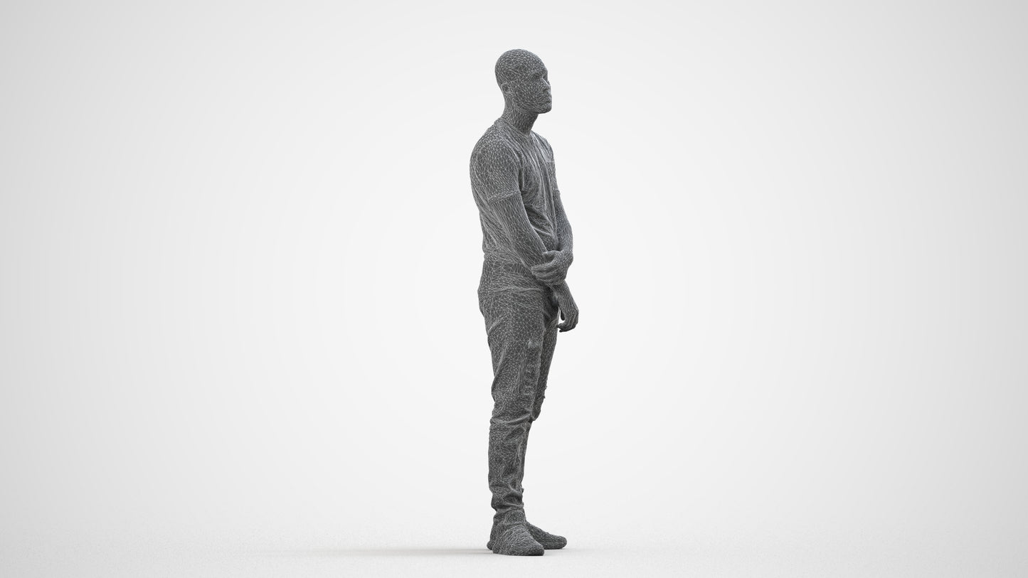 3D human model man casual standing, photogrammetry scanned person for archviz, wireframe side view