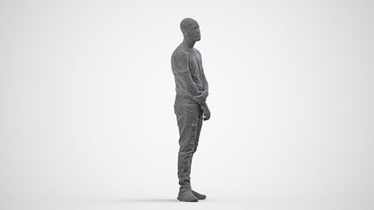 3D human model man casual standing, photogrammetry scanned person for archviz, wireframe side view