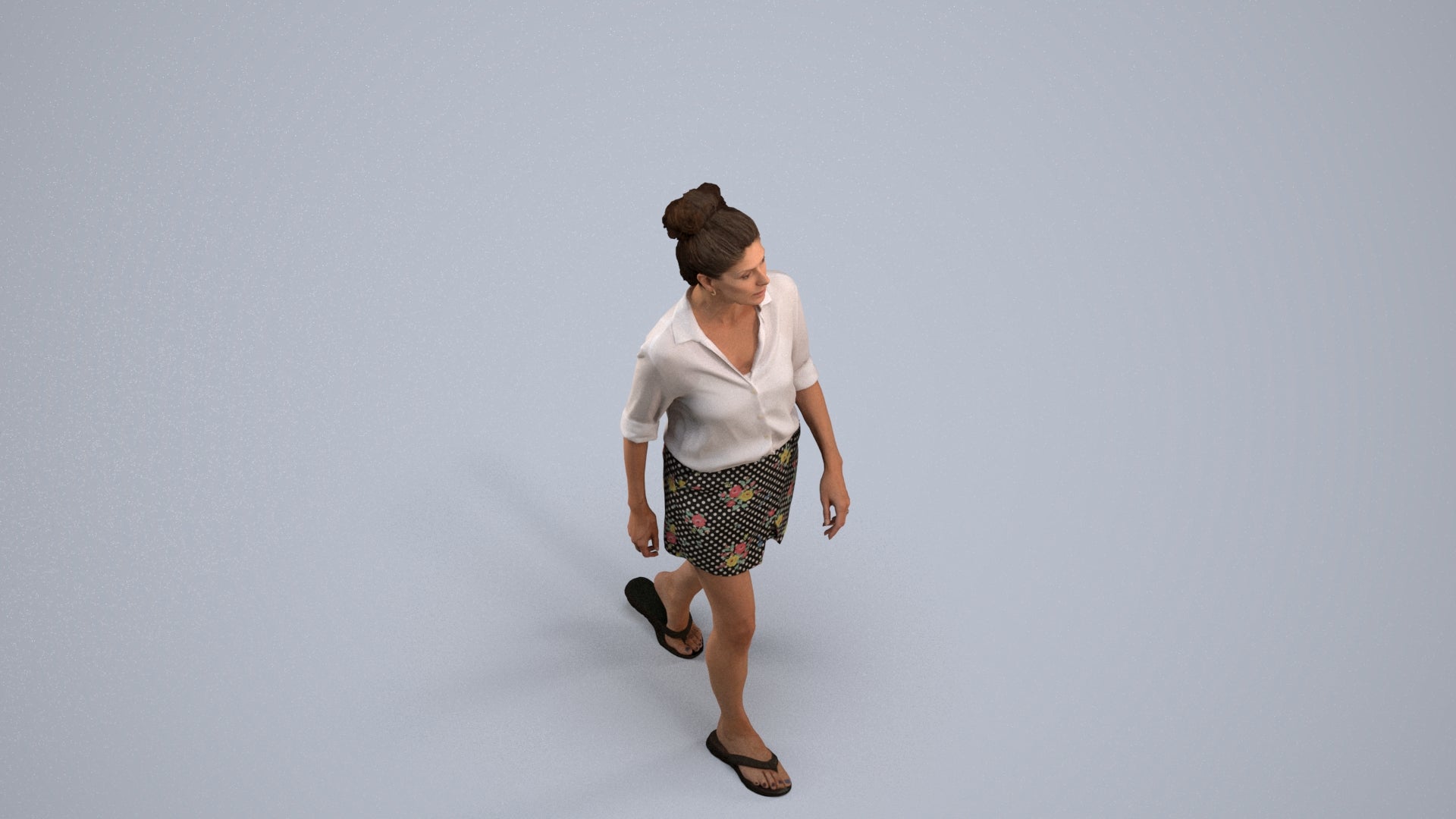 3D human model woman casual standing, photogrammetry scanned person for archviz, back view render