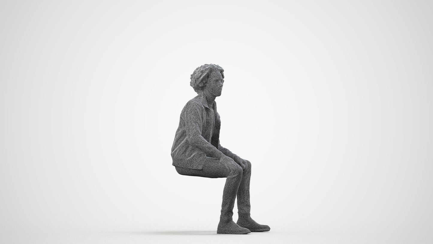 scanned 3D man casual sitting, photogrammetry people for Enscape and V-Ray, wireframe side view