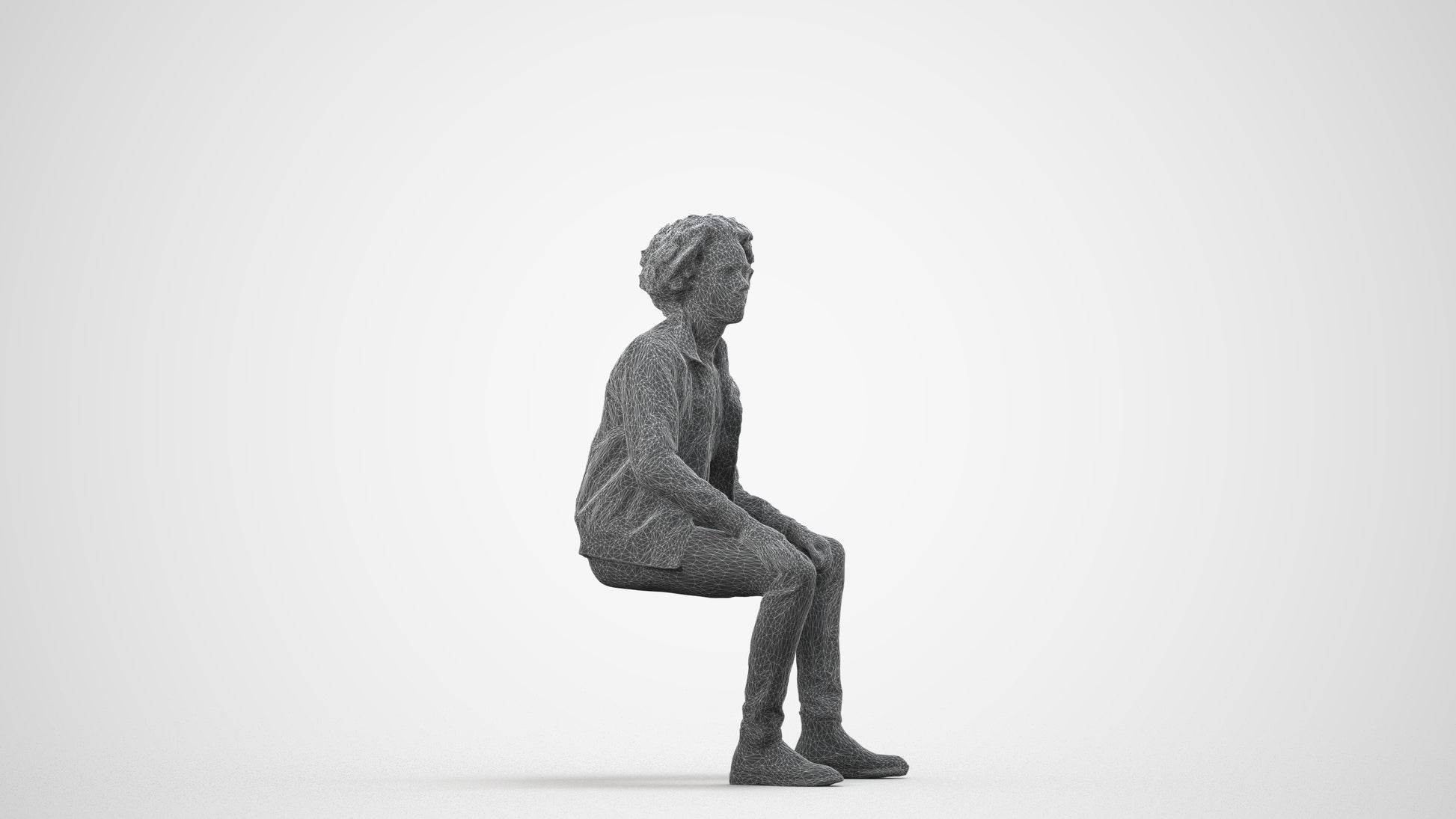 scanned 3D man casual sitting, photogrammetry people for Enscape and V-Ray, wireframe side view