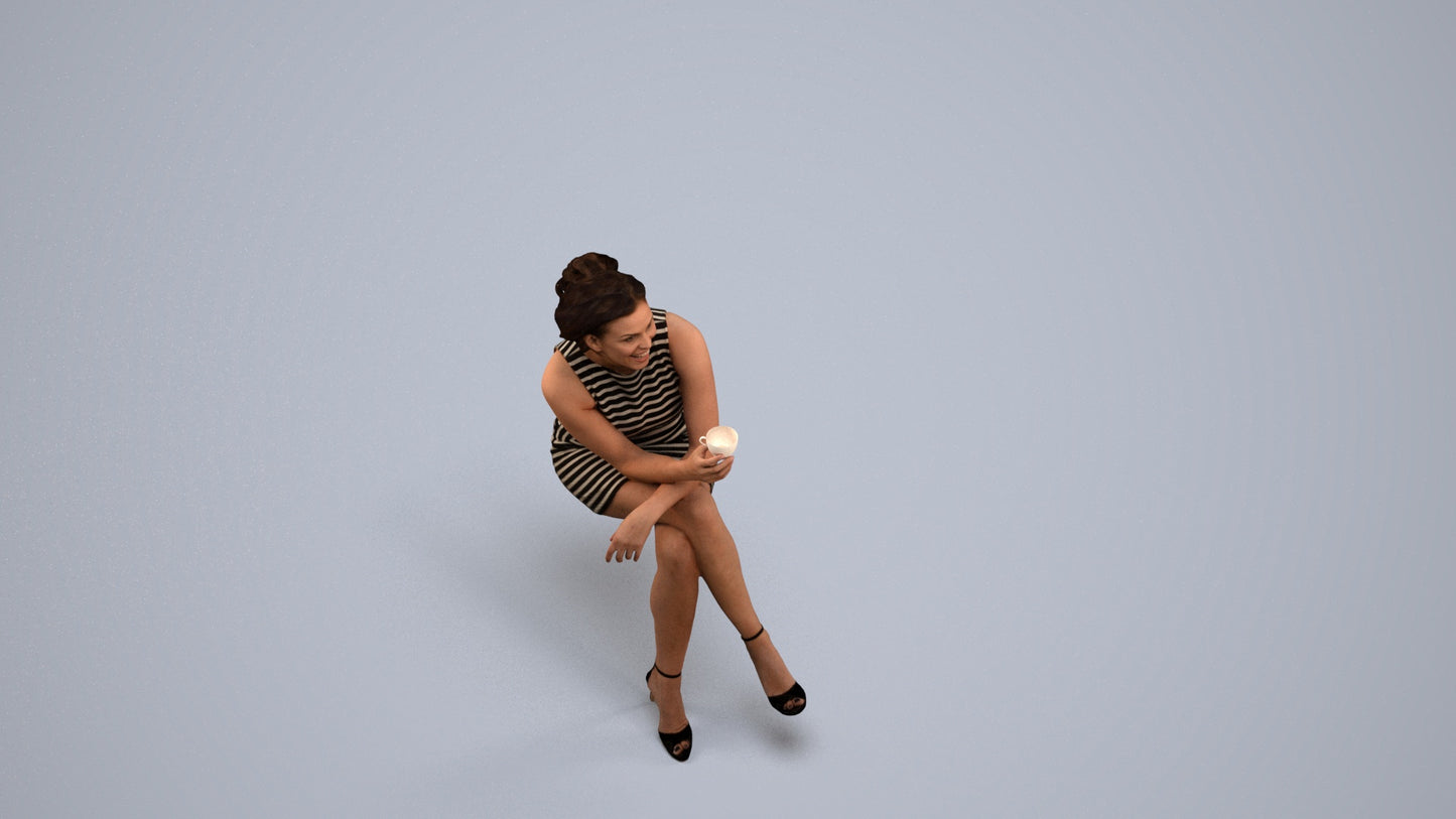 3D people model woman casual sitting, scanned human for 3ds Max rendering, back view render