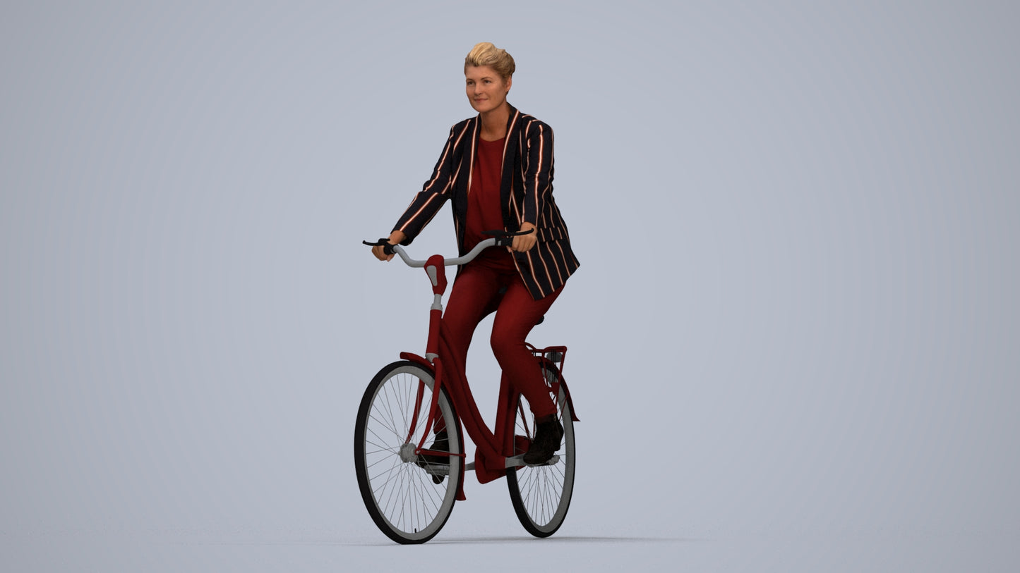 3D people model woman business cycling, scanned human for 3ds Max rendering, top-down view render