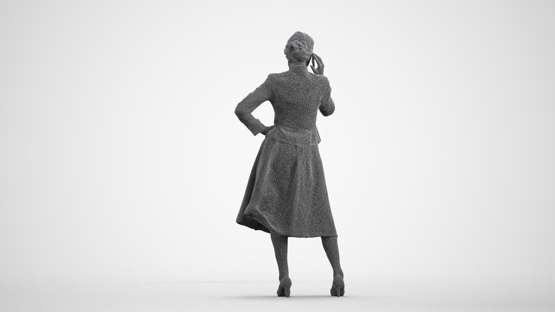 3D human model senior woman business standing, photogrammetry scanned person for archviz, wireframe front view