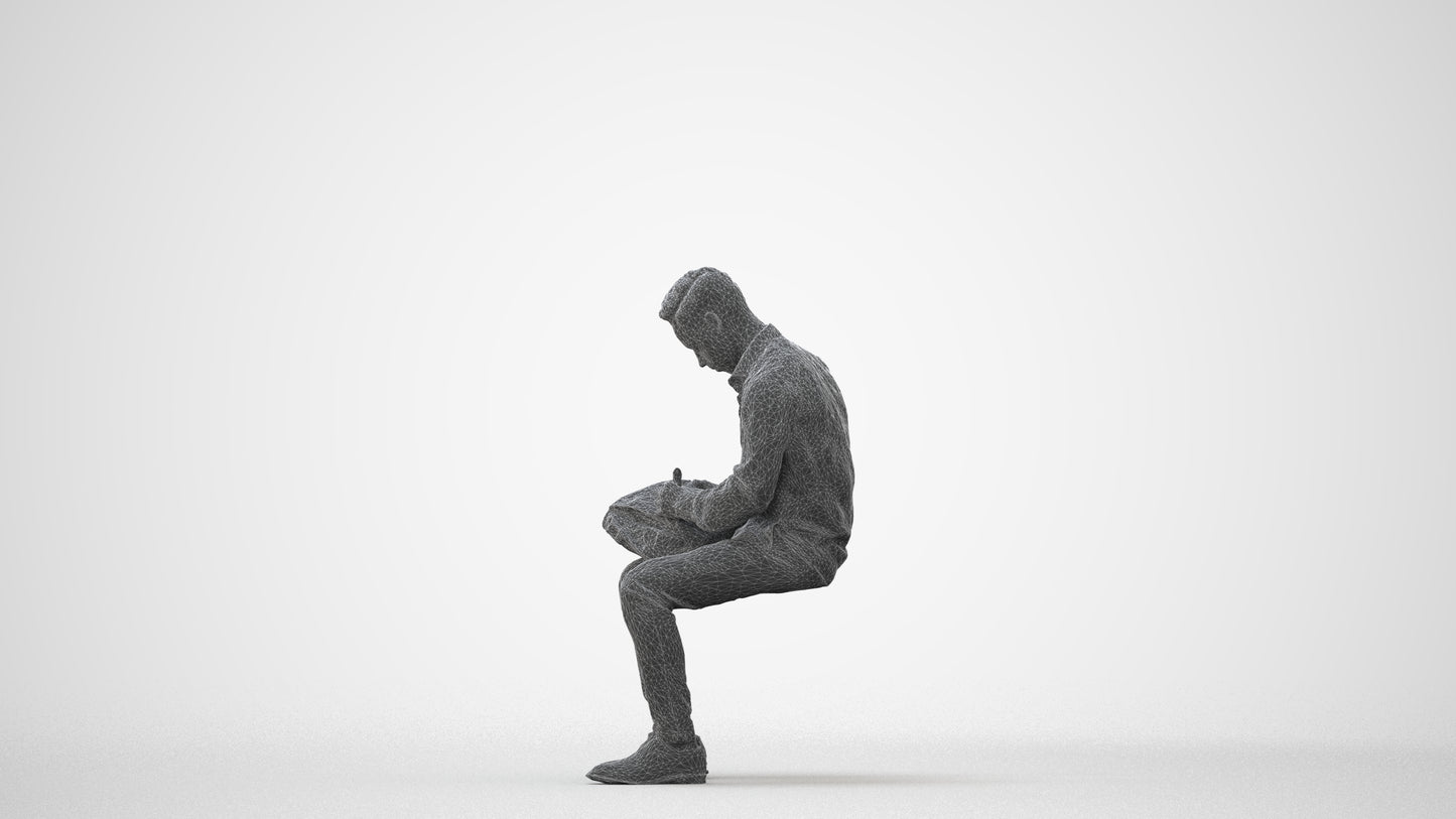 photogrammetry 3D man business sitting, realistic human model archviz FBX, square thumbnail