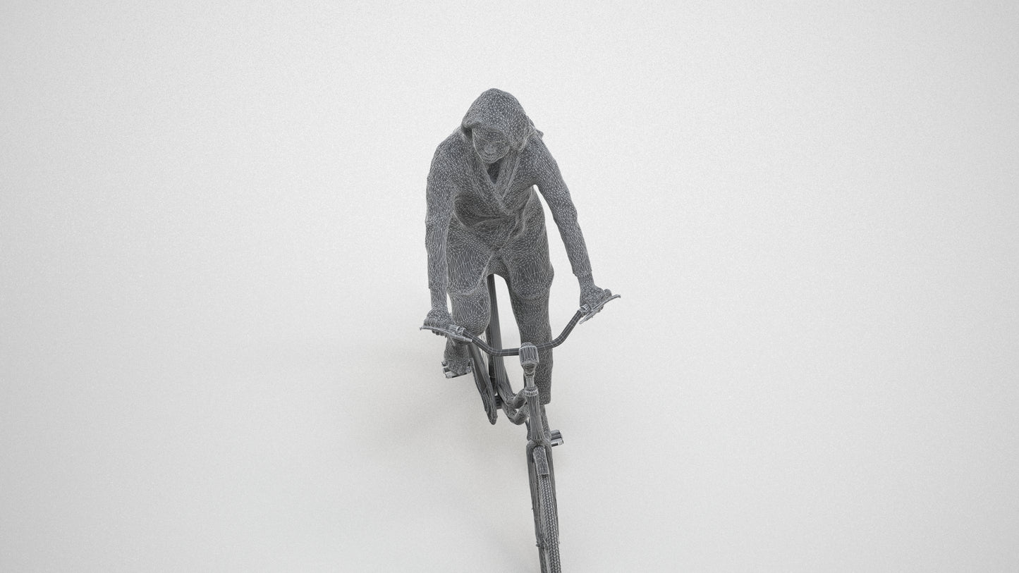 realistic 3D woman business cycling, scanned archviz people for Blender and 3ds Max, wireframe three-quarter view