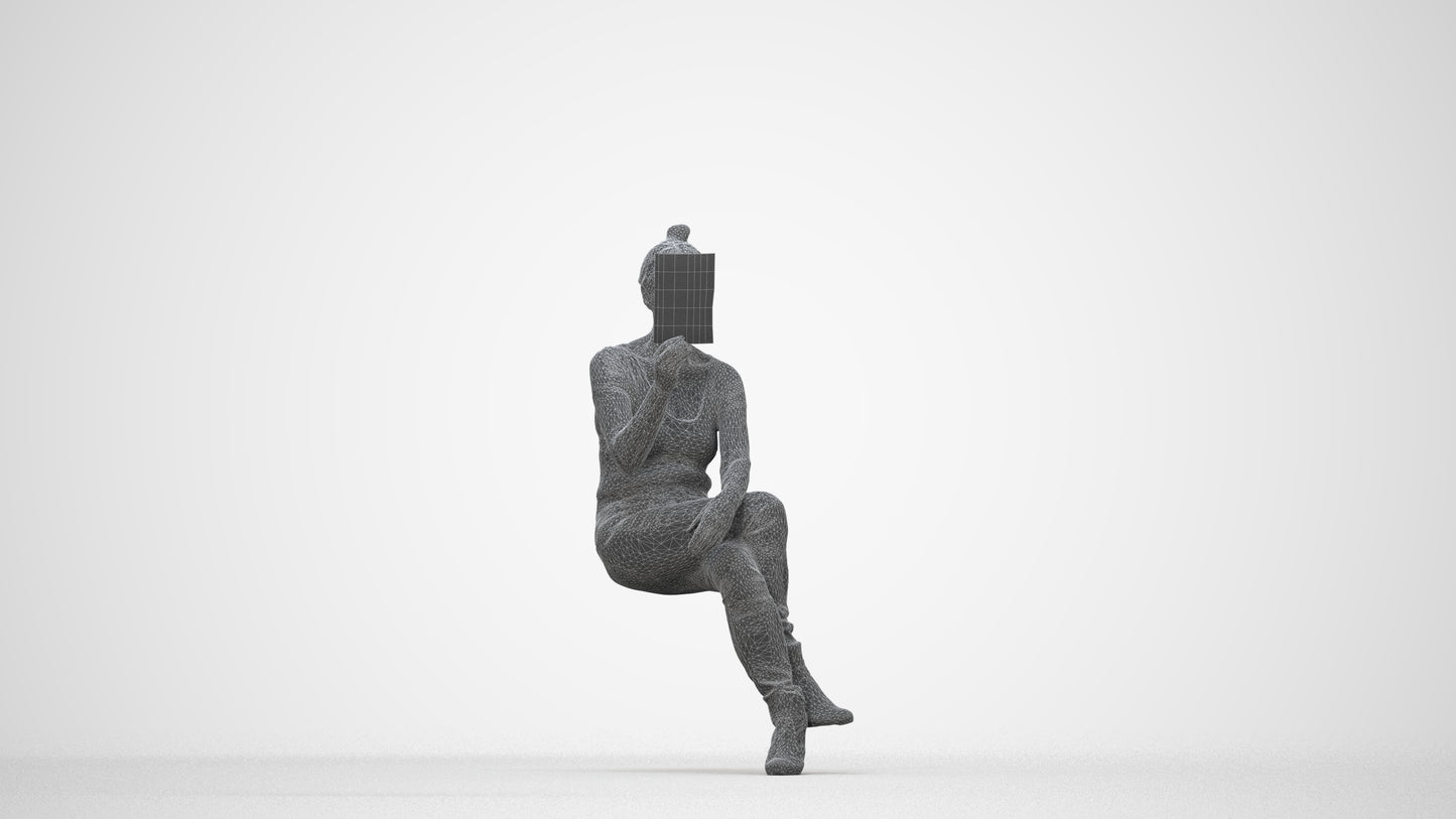 3D scanned senior woman sitting casual, photorealistic archviz people for Enscape and SketchUp, wireframe back view