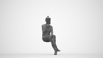 3D scanned senior woman sitting casual, photorealistic archviz people for Enscape and SketchUp, wireframe back view