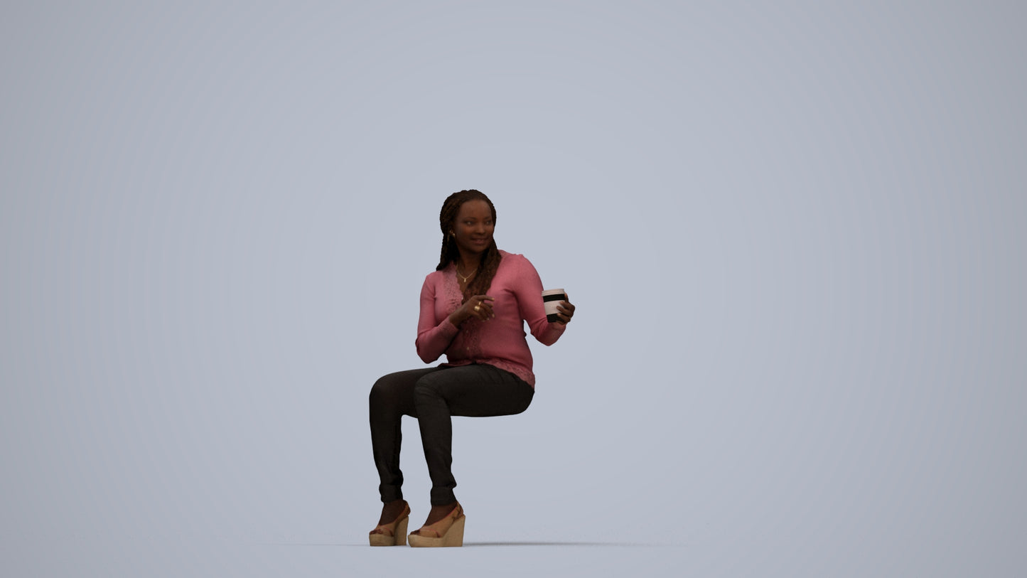 realistic 3D woman casual sitting, scanned archviz people for Blender and 3ds Max, top-down view render