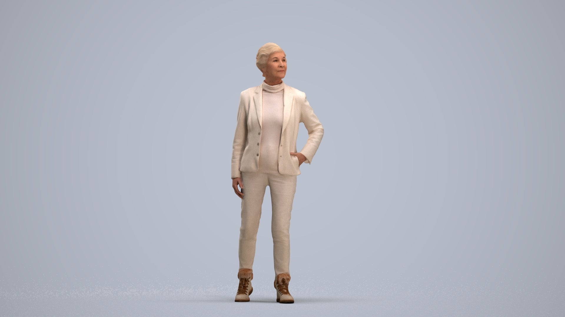 realistic 3D human senior woman business standing, archviz people FBX OBJ for Blender, standing pose render