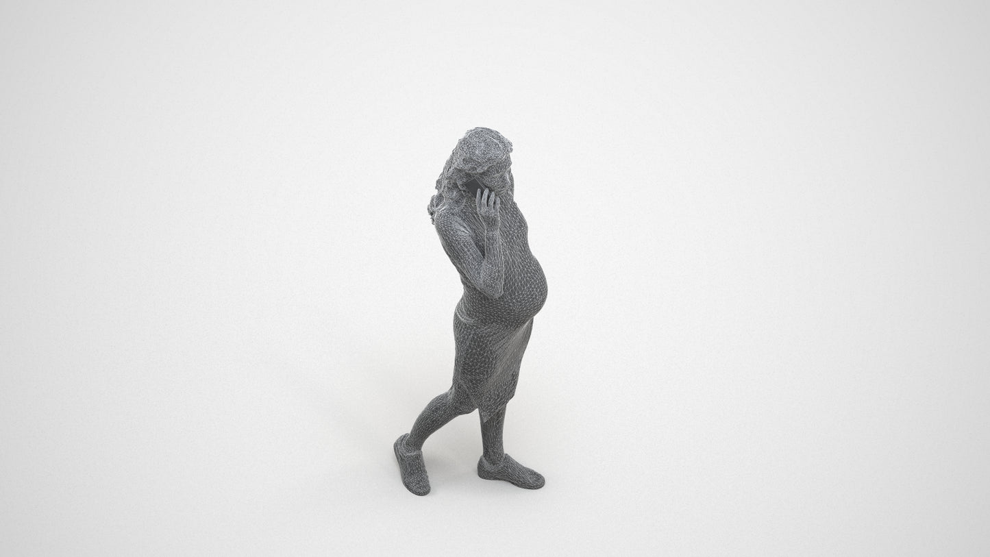 3D human model woman casual walking, photogrammetry scanned person for archviz, wireframe three-quarter view