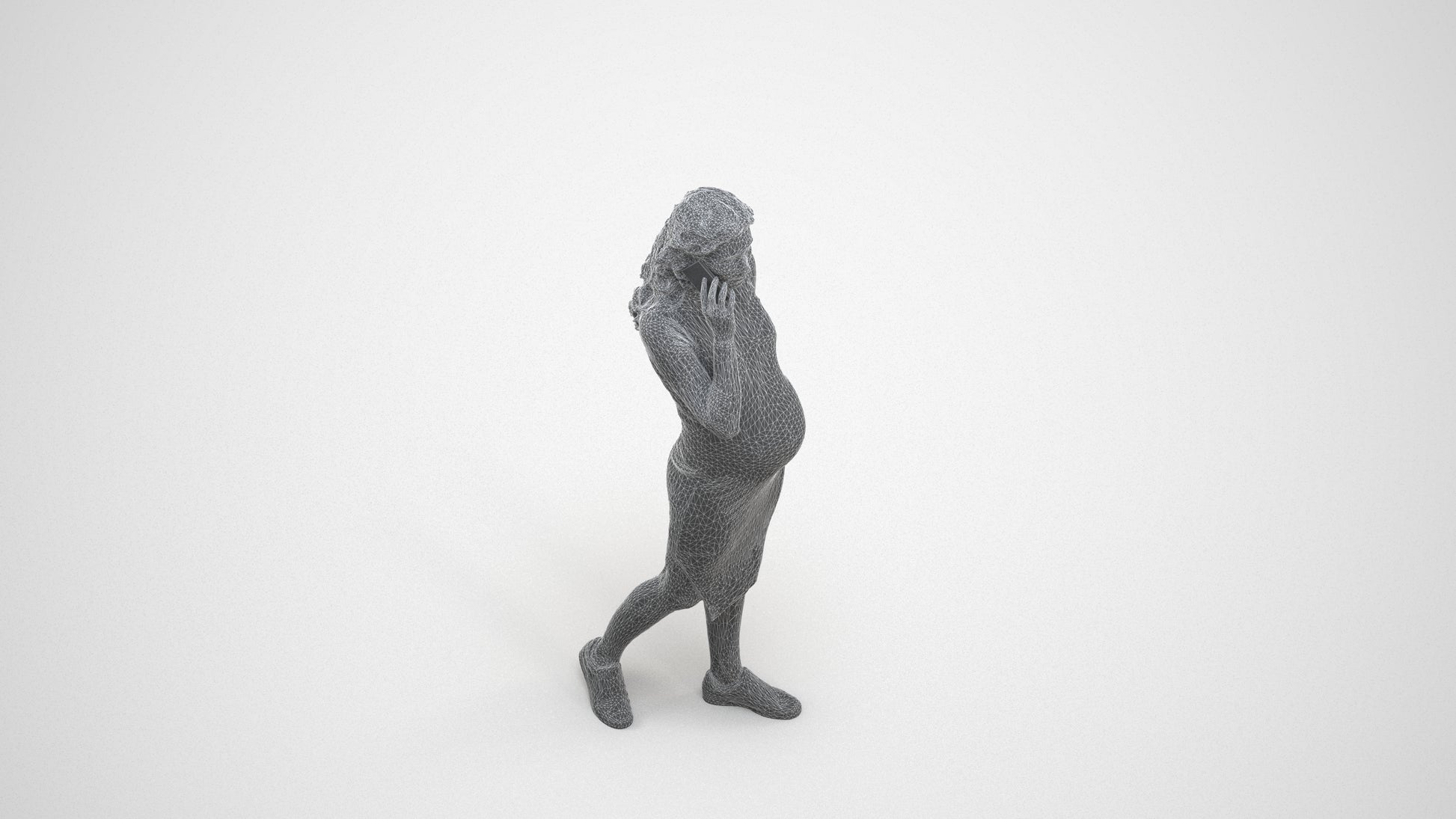 3D human model woman casual walking, photogrammetry scanned person for archviz, wireframe three-quarter view