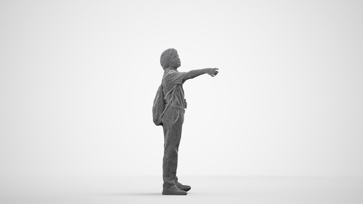 3D people model boy kids, scanned human for 3ds Max rendering, wireframe side view