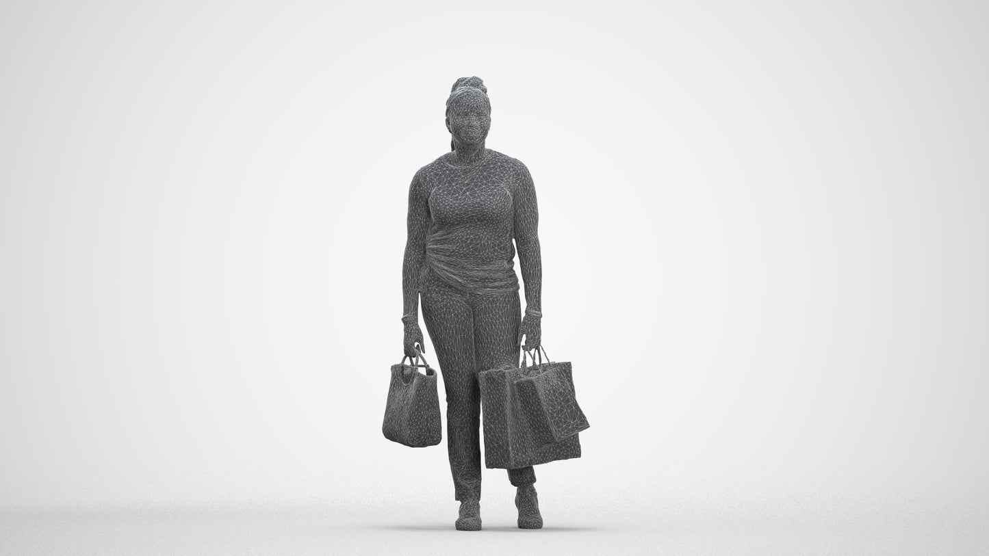 photogrammetry 3D woman casual shopping, realistic human model archviz FBX, three-quarter front view render