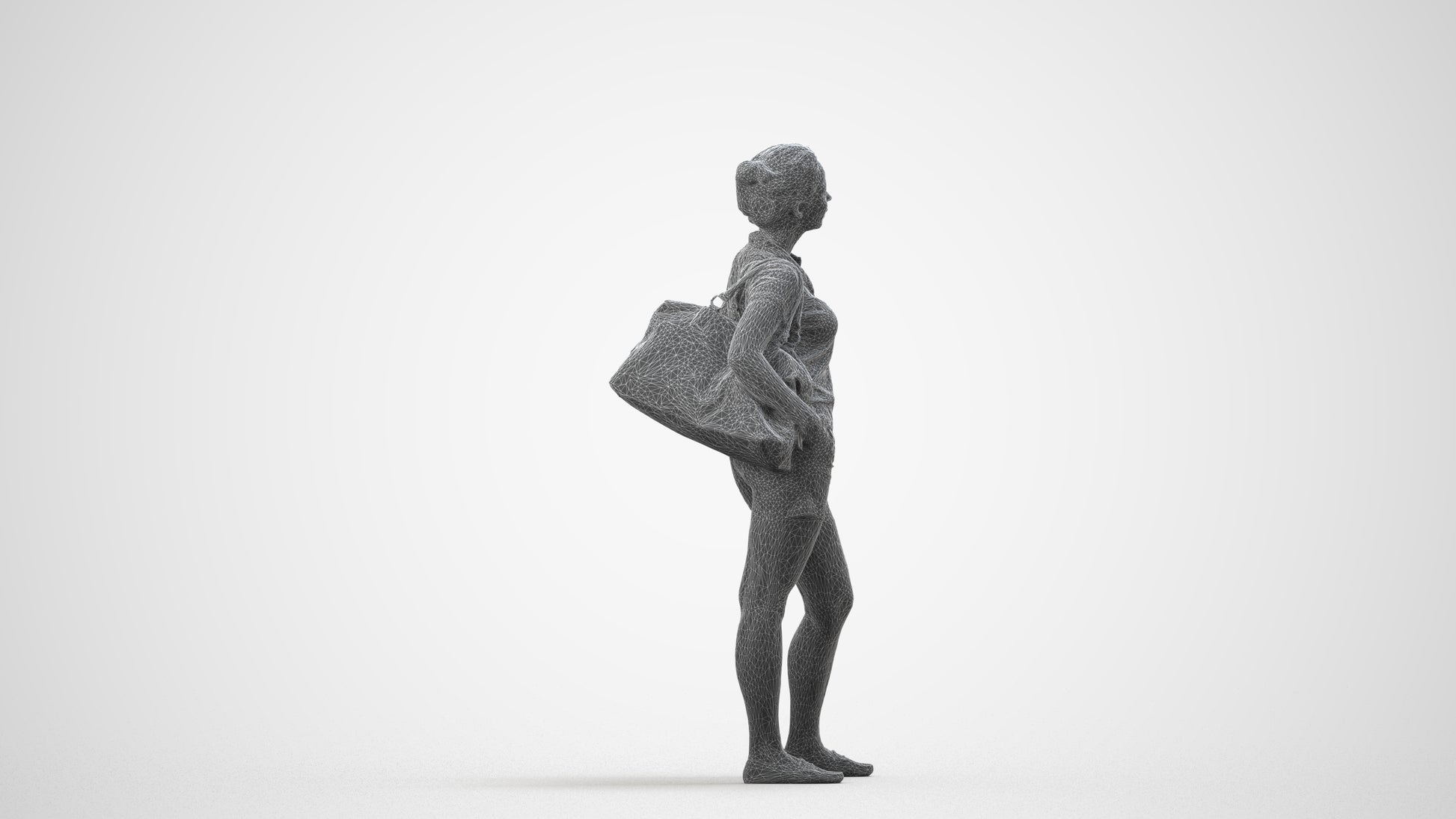 3D scanned woman standing casual, photorealistic archviz people for Enscape and SketchUp, wireframe side view