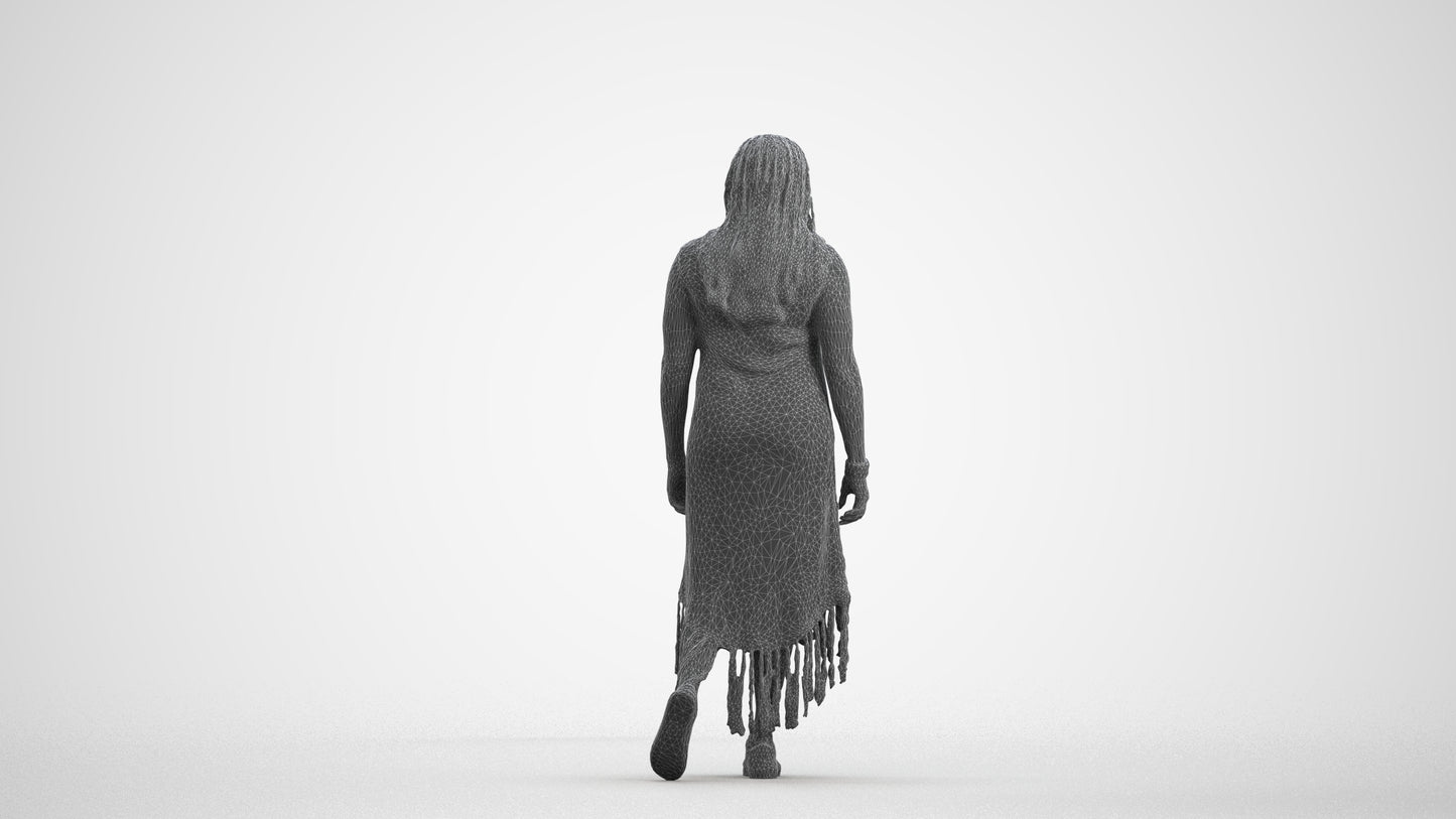 3D human model woman casual standing, photogrammetry scanned person for archviz, wireframe front view