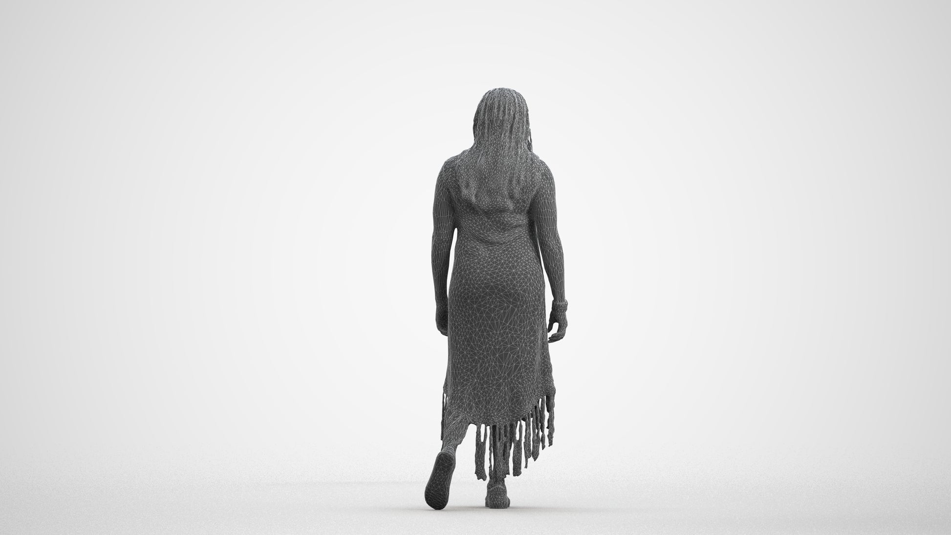 3D human model woman casual standing, photogrammetry scanned person for archviz, wireframe front view