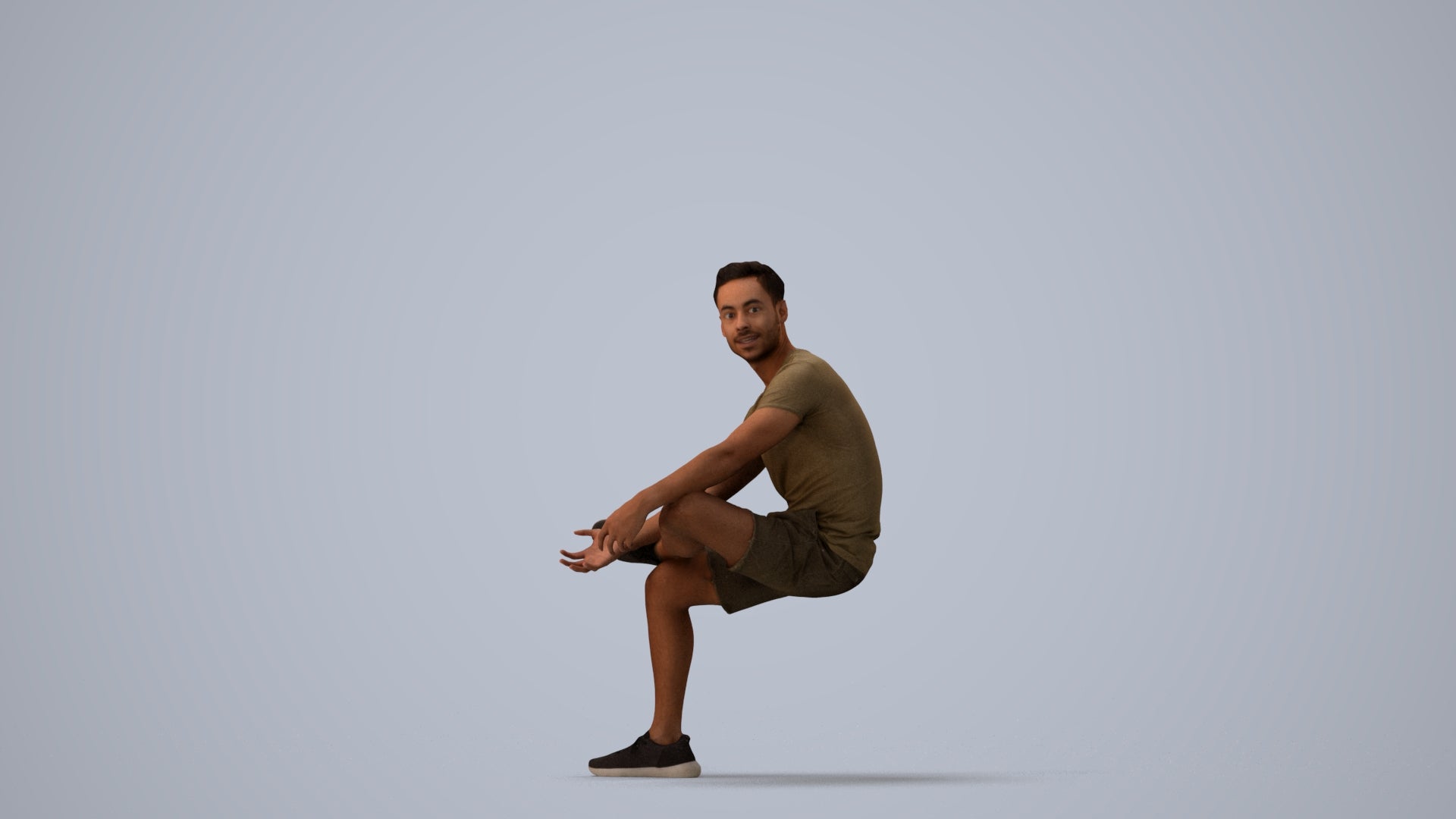 3D people model man casual sitting, scanned human for 3ds Max rendering, three-quarter view render