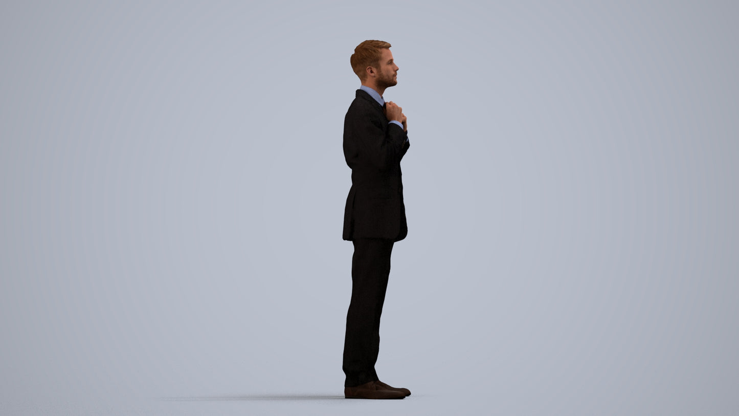 3D human model man business, photogrammetry scanned person for archviz, side view render