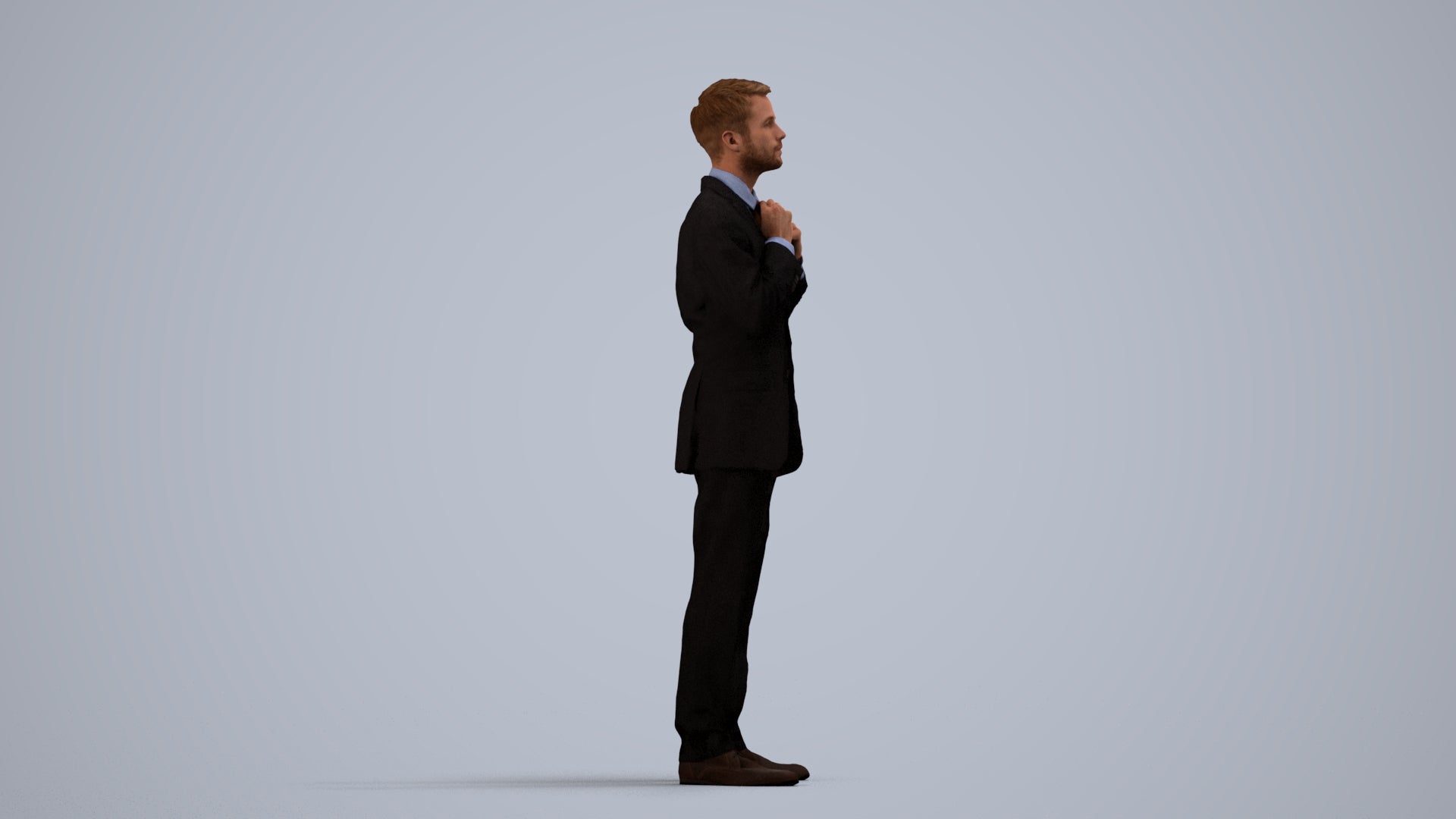 3D human model man business, photogrammetry scanned person for archviz, side view render