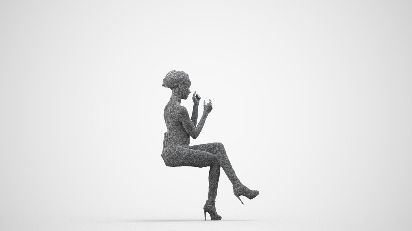 3D scanned woman sitting casual, photorealistic archviz people for Enscape and SketchUp, wireframe side view