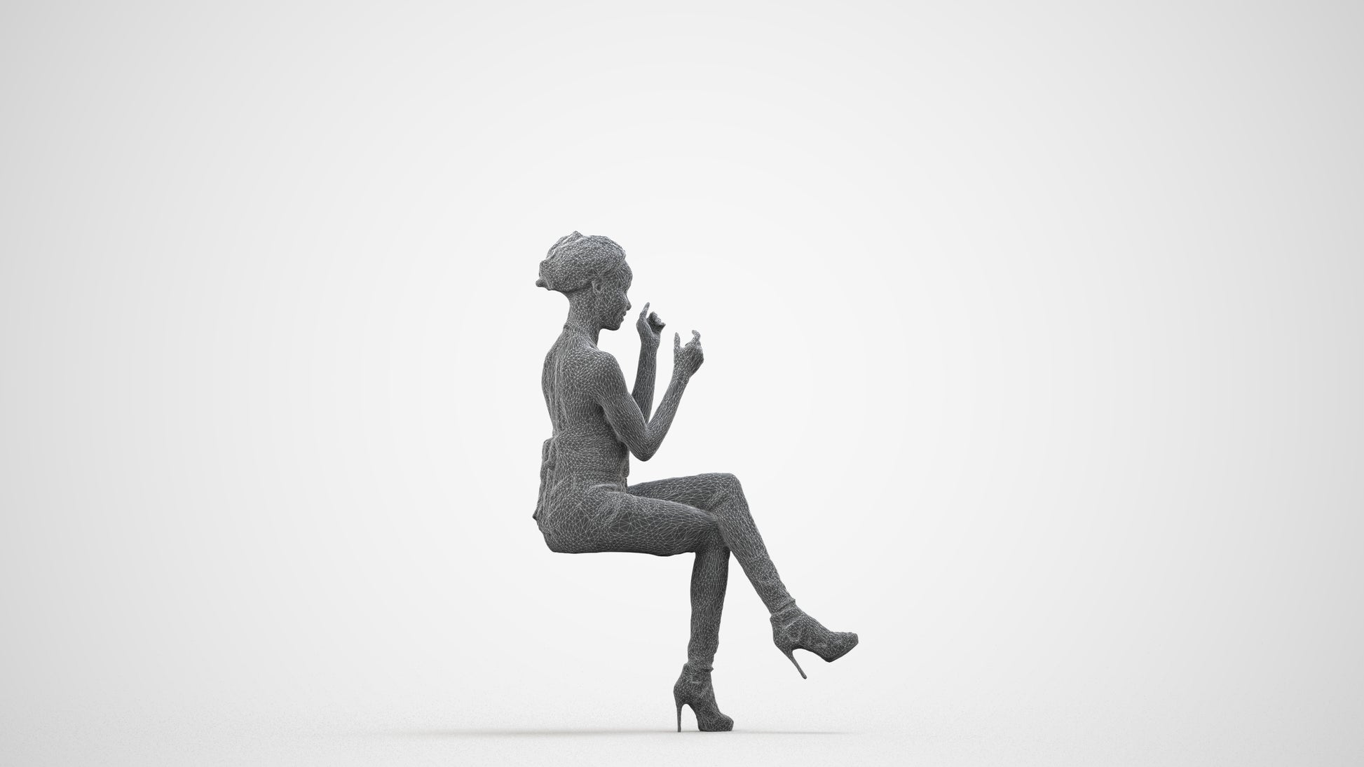 3D scanned woman sitting casual, photorealistic archviz people for Enscape and SketchUp, wireframe side view