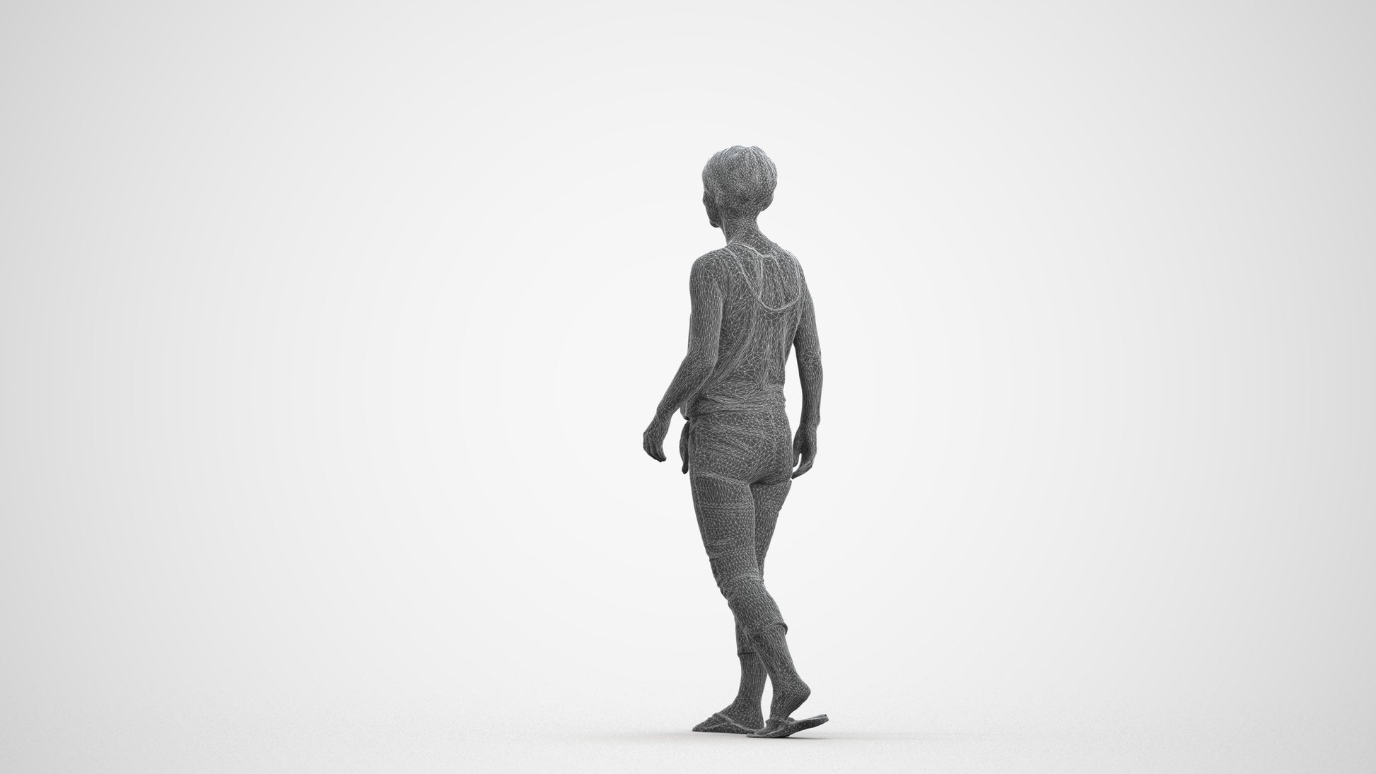 3D human model senior woman walking, photogrammetry scanned person for archviz, wireframe front view