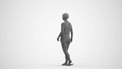 3D human model senior woman walking, photogrammetry scanned person for archviz, wireframe front view