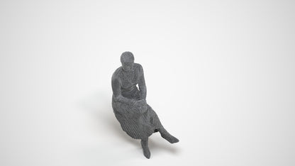 photogrammetry 3D woman casual sitting, realistic human model archviz FBX, wireframe three-quarter view