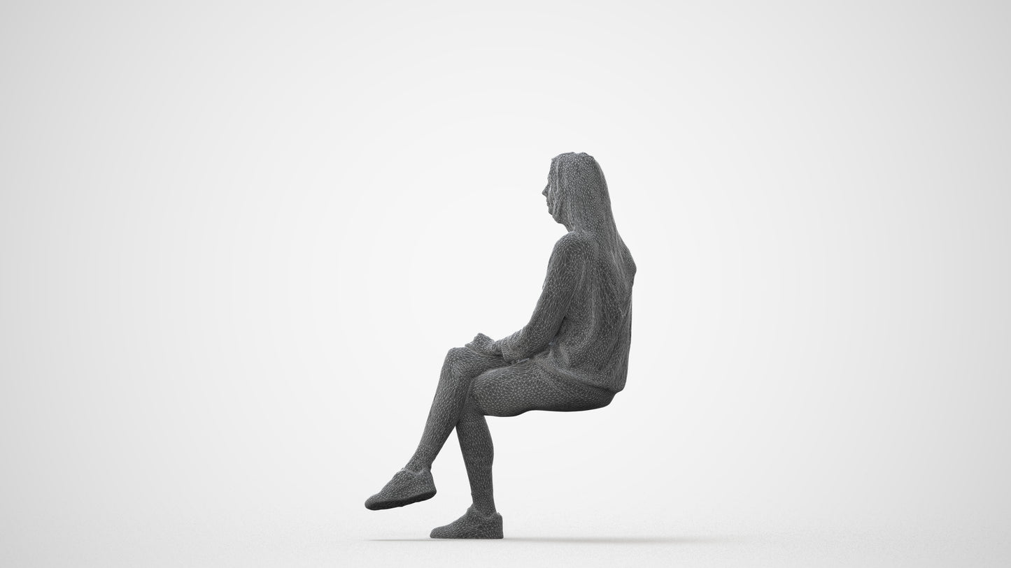 realistic 3D human woman casual sitting, archviz people FBX OBJ for Blender, square thumbnail