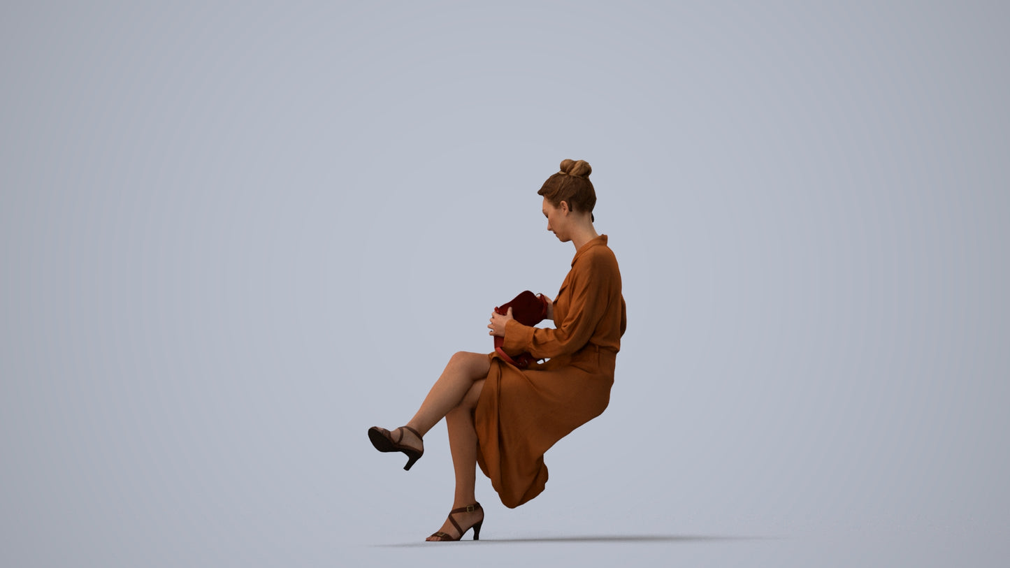 realistic 3D woman casual sitting, scanned archviz people for Blender and 3ds Max, three-quarter view render