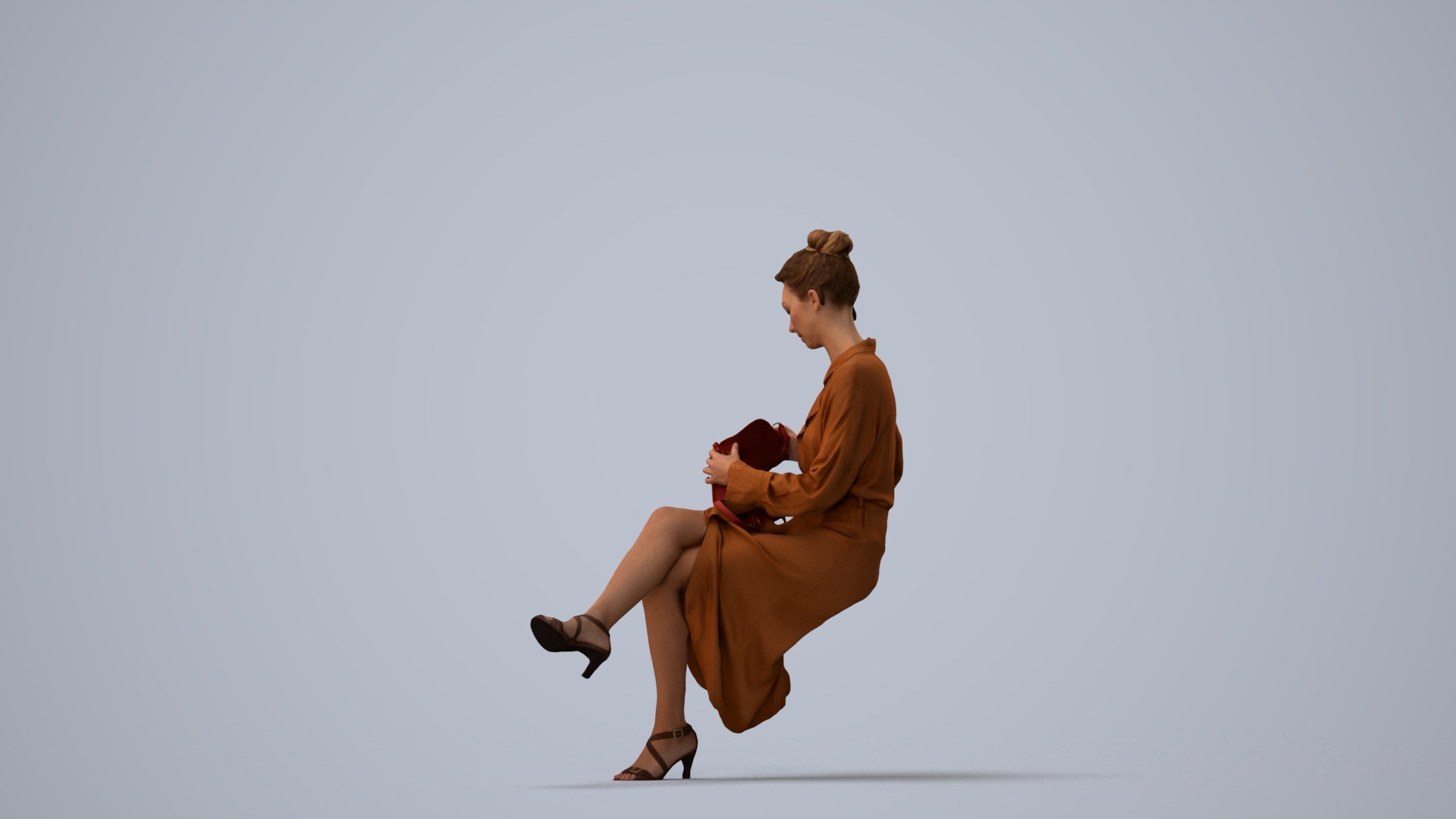 realistic 3D woman casual sitting, scanned archviz people for Blender and 3ds Max, three-quarter view render