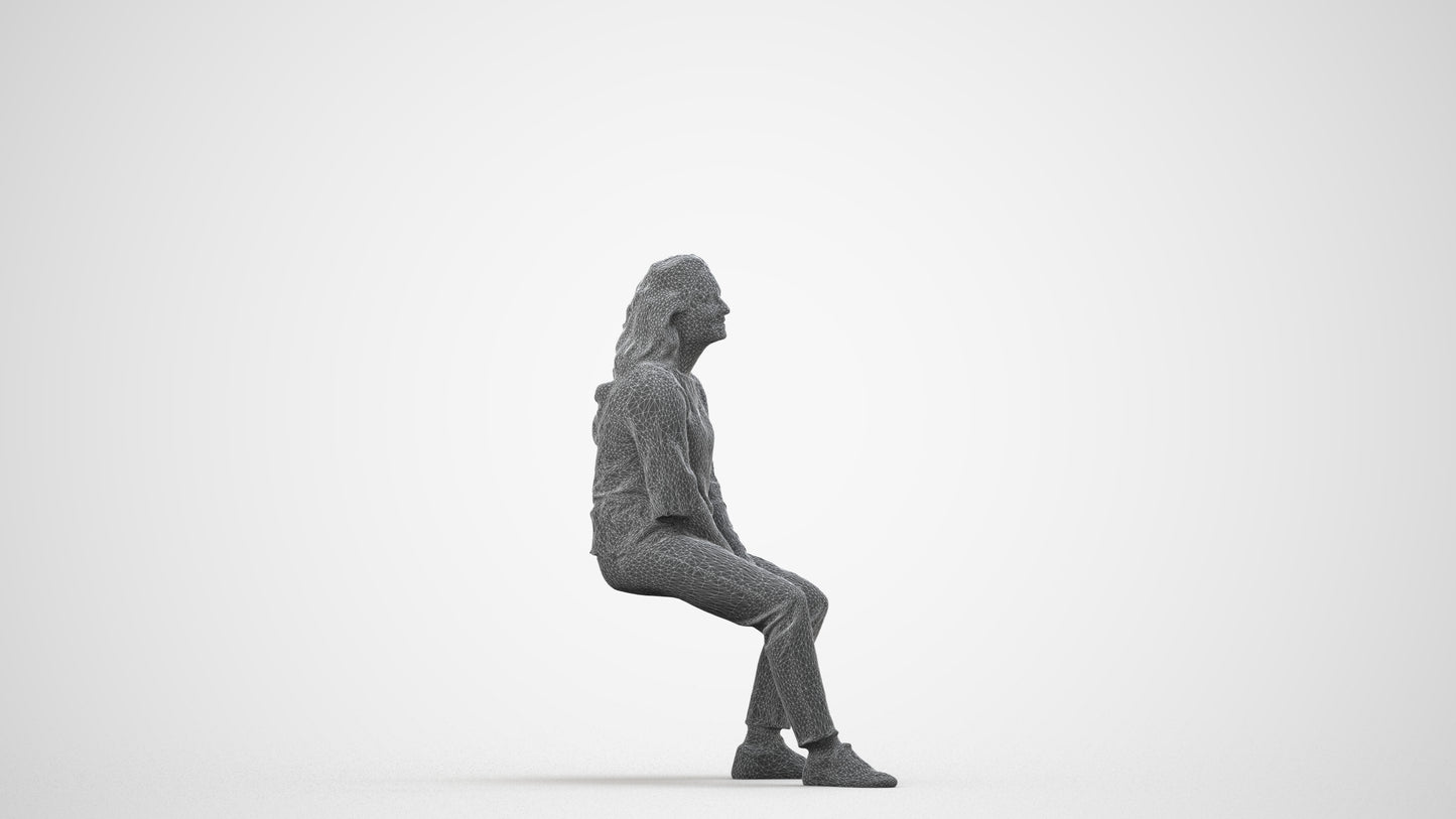 realistic 3D woman casual sitting, scanned archviz people for Blender and 3ds Max, wireframe side view