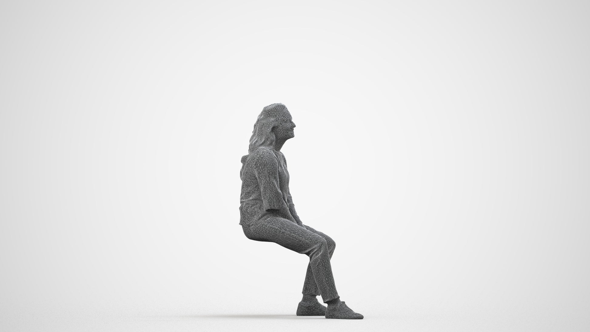 realistic 3D woman casual sitting, scanned archviz people for Blender and 3ds Max, wireframe side view