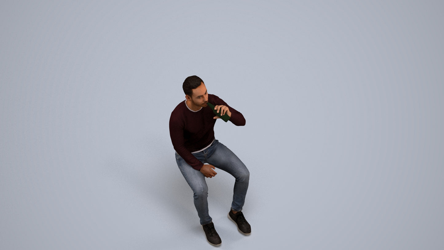 realistic 3D man casual sitting, scanned archviz people for Blender and 3ds Max, back view render