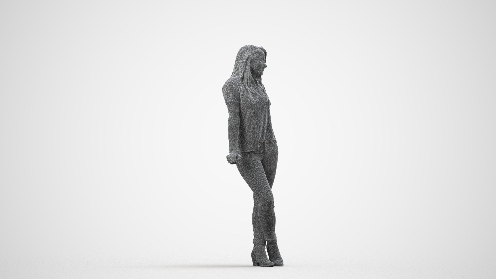 3D people model woman casual standing, scanned human for 3ds Max rendering, wireframe front view