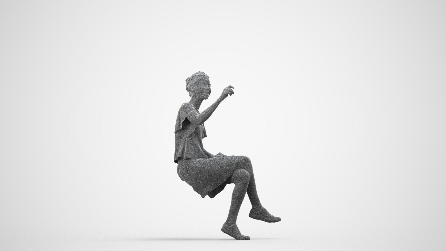 3D human model woman casual sitting, photogrammetry scanned person for archviz, wireframe side view