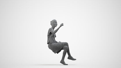 3D human model woman casual sitting, photogrammetry scanned person for archviz, wireframe side view
