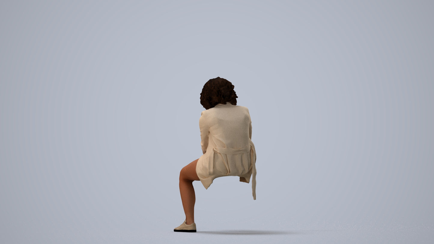 realistic 3D human woman business sitting, archviz people FBX OBJ for Blender, three-quarter view render
