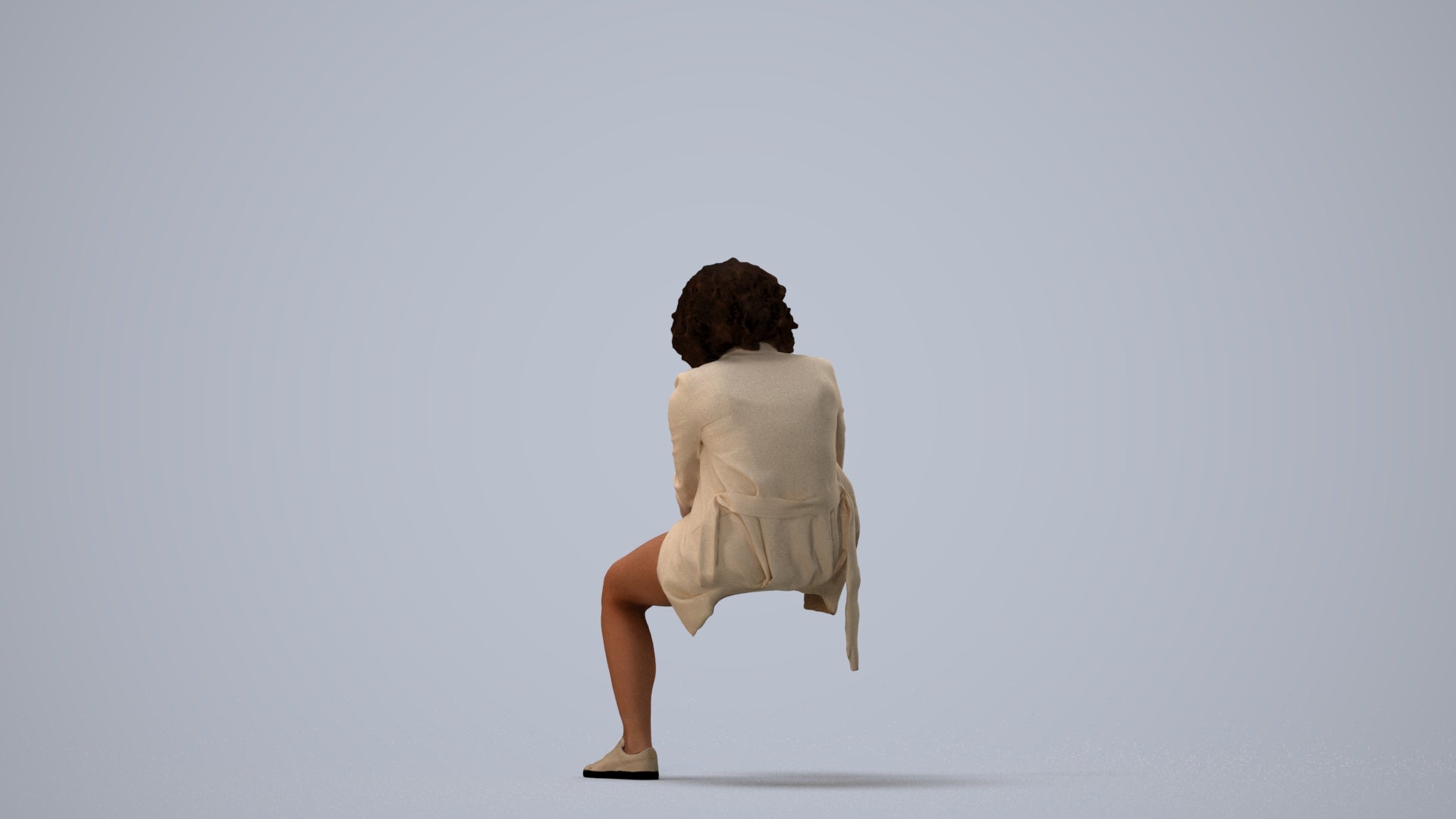 realistic 3D human woman business sitting, archviz people FBX OBJ for Blender, three-quarter view render